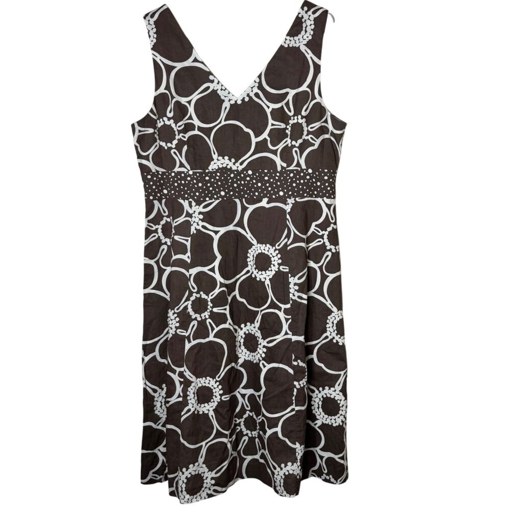 Boden Brown White Floral Sleeveless Fit & Flare Dress Size 12 L Cotton Lined